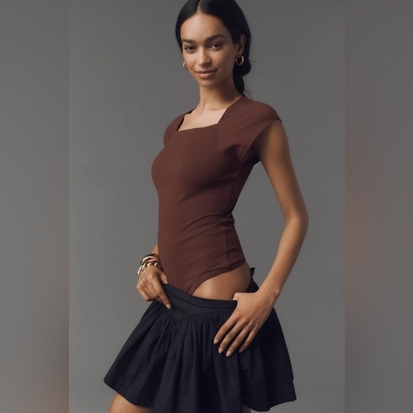 Anthropologie Brown Square Neck Bodysuit Size S NWT Cutout Back Top - Picture 3 of 6